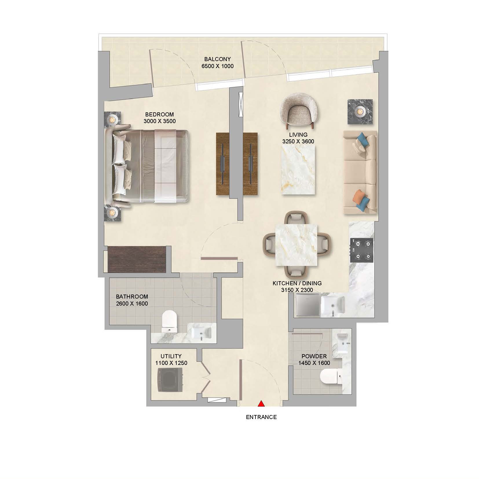 1 Bedroom Type B Variant Floor Plan
